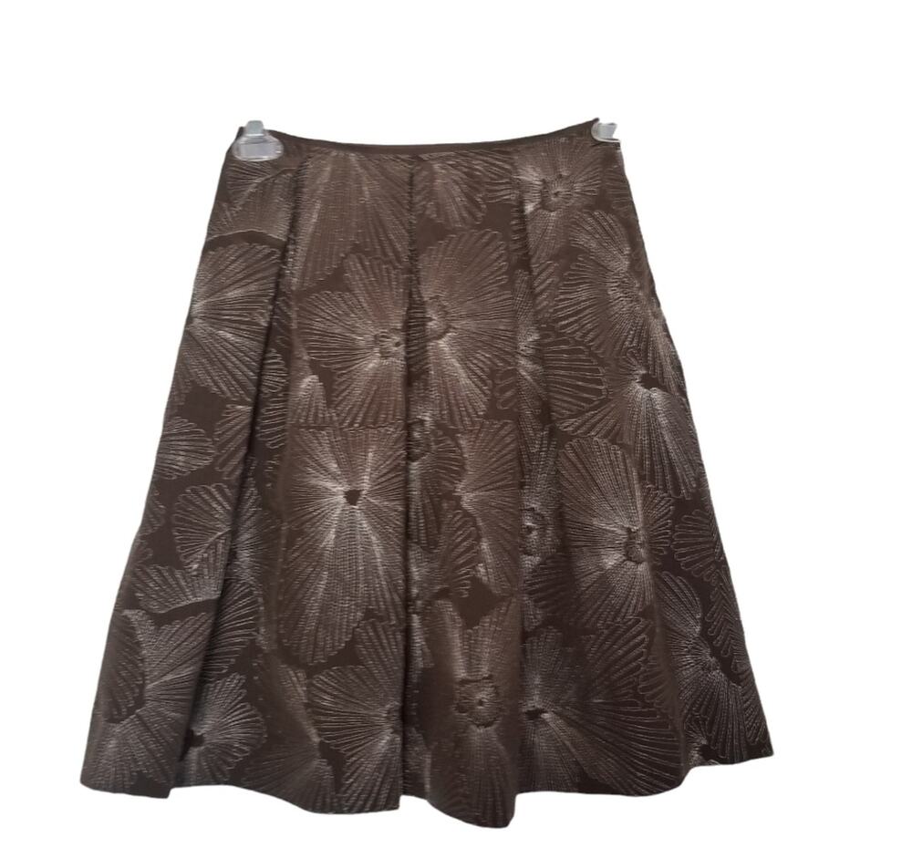 Talbots Petites SZ 2 Skirt Pure Silk Brown Silver Floral Metallic Pocket Lined